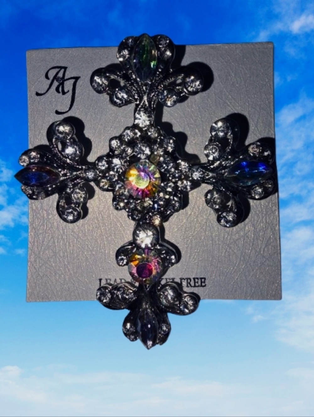 π£ Crystal Cross βοΈ Brooch Pin Iridescent Rhinestone Silver Fashion NWTags ππ - Picture 2 of 9